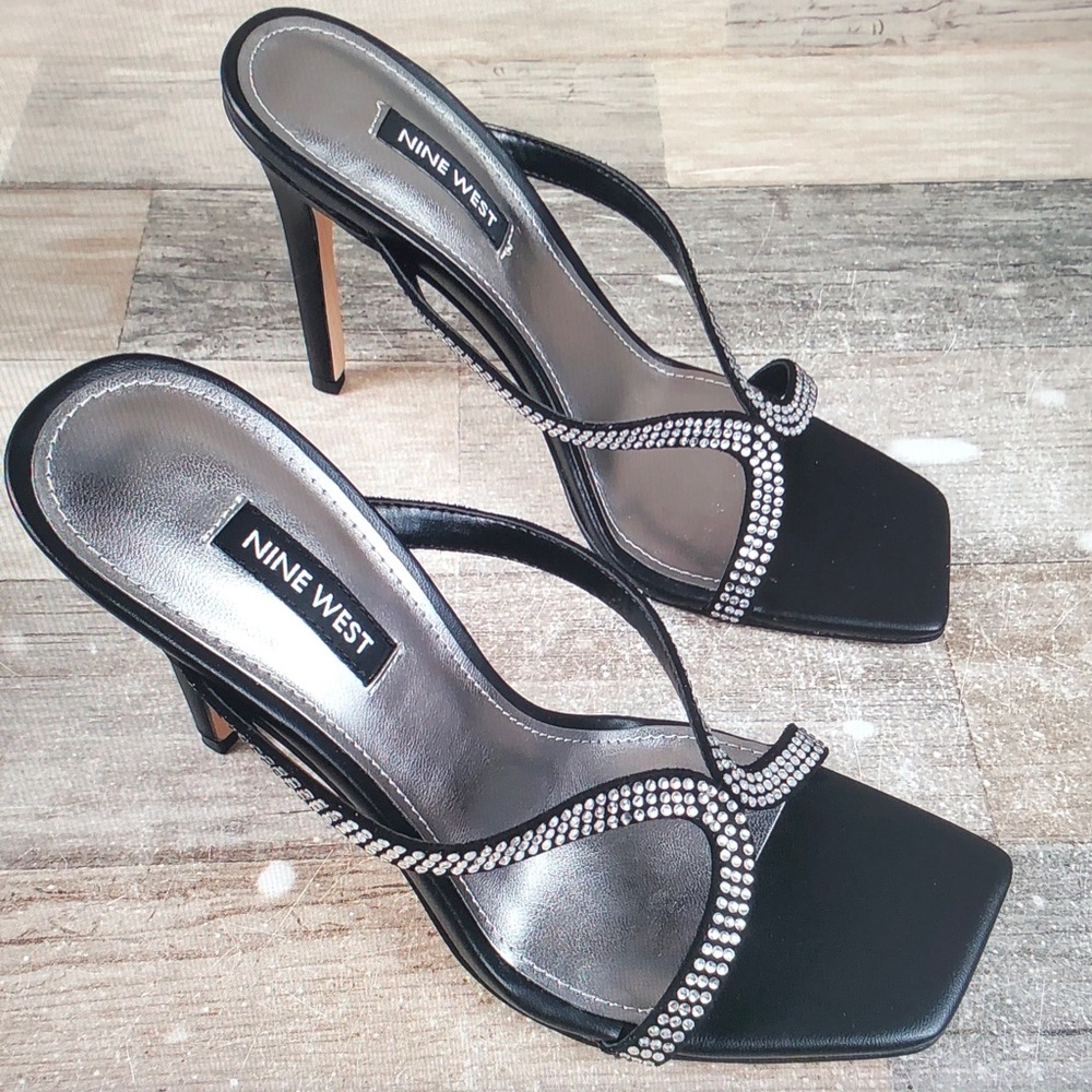 Nine West Black Crystal-Trim High Heel Sandals